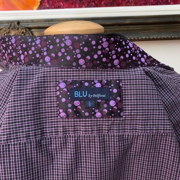 BLU by Polifroni Men’s L Shirt Checkered Burgundy and Black Button Down - Picture 9 of 11